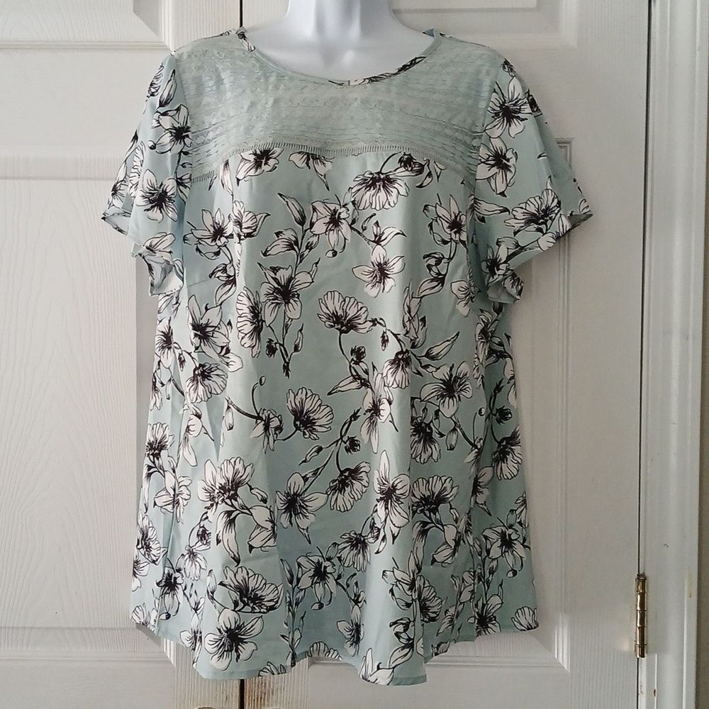 Agnes Orinda shirt sleeve floral blouse baby bluish mint green color Sz 1X  NWT